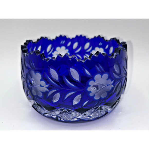 Vintage Czech Bohemian Blue Cobalt Cut to Clear Oval Sawtooth Crystal Bowl - Picture 3 of 16